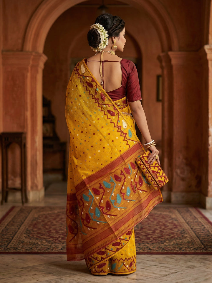 Boisakhi Din-Dhakai Jamdani Saree(Yellow Maroon Border)
