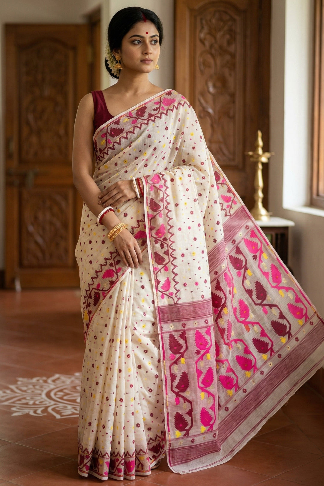 Boisakhi Din-Dhakai Jamdani Saree(Maroon pink  Border)