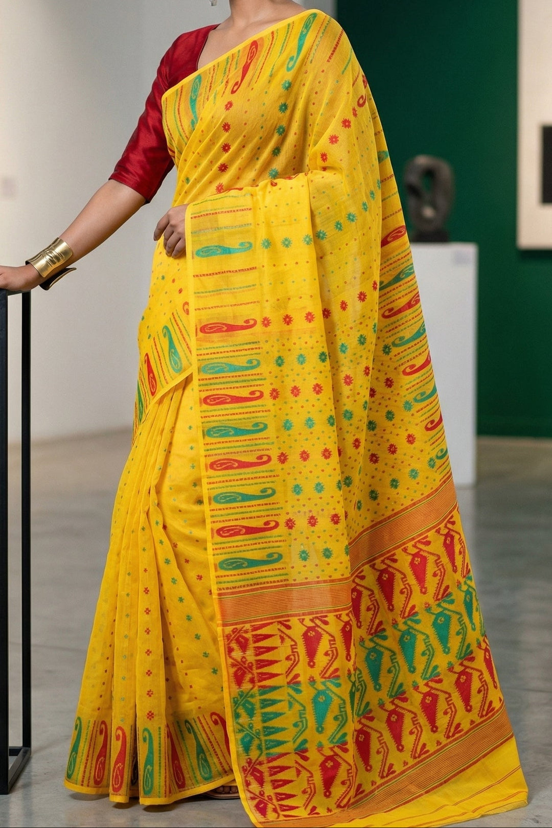 Moner Alo-Bengal Jamdani Saree (Red Green Border)