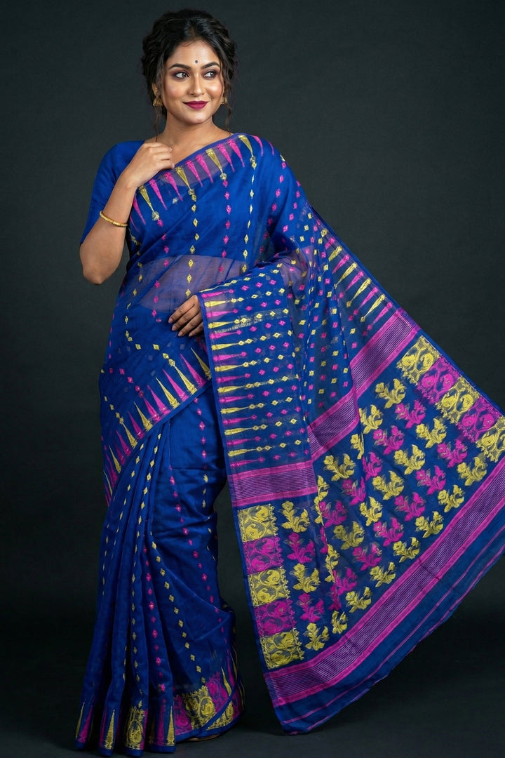 Moner Alo-Bengal Jamdani Saree (Deep Pink Yellow Border)
