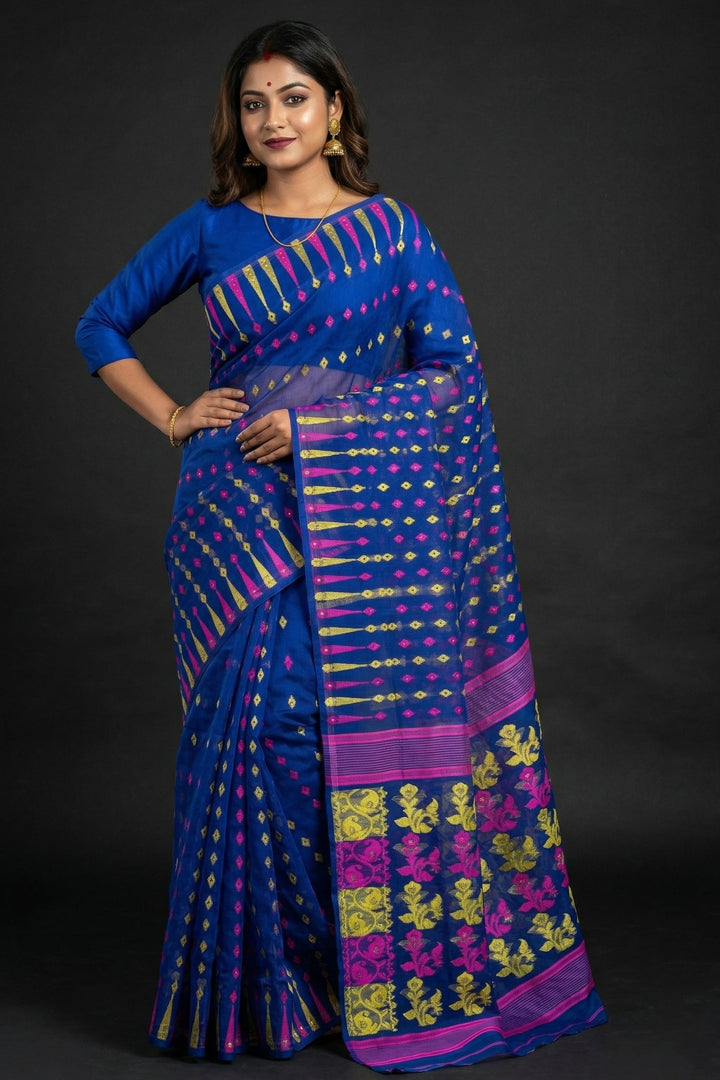 Moner Alo-Bengal Jamdani Saree (Deep Pink Yellow Border)