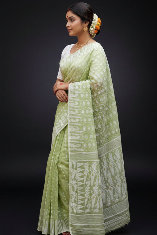 Moner Alo-Bengal Jamdani Saree (Pista)