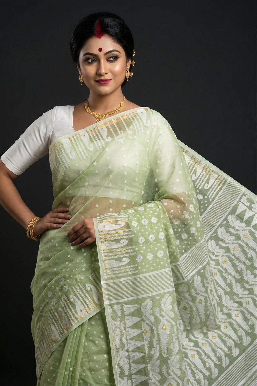 Moner Alo-Bengal Jamdani Saree (Pista)