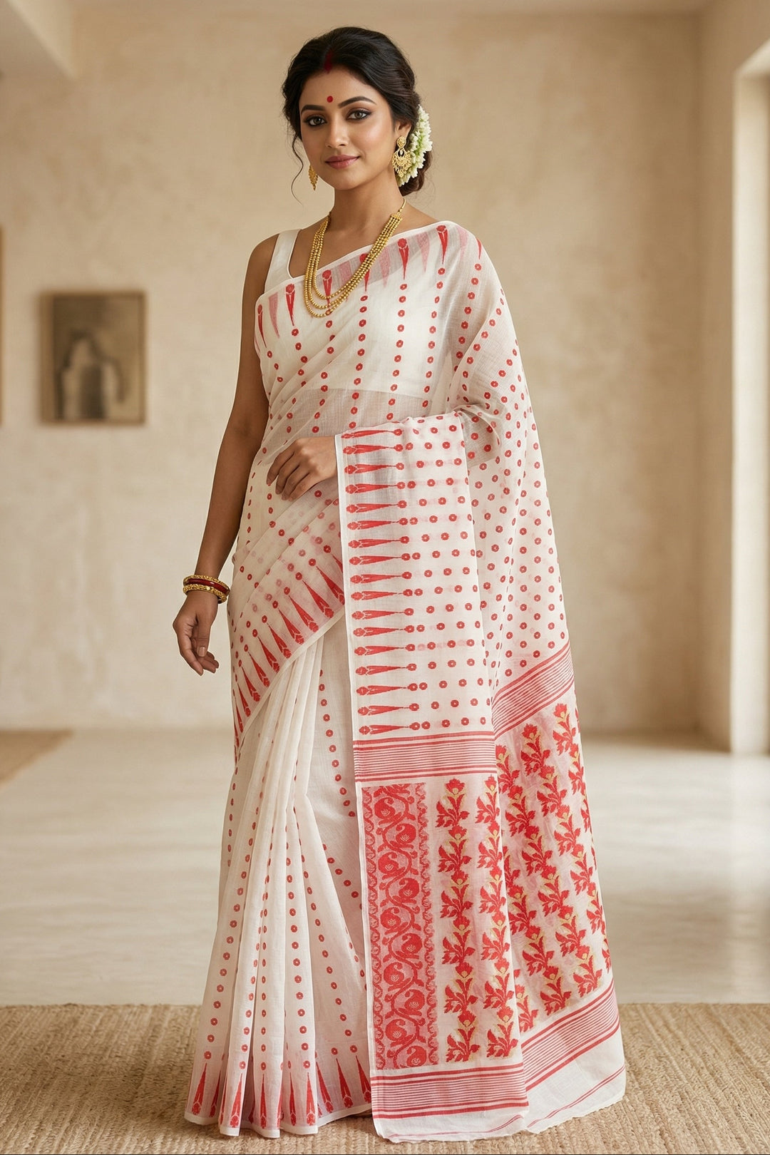 Moner Alo-Bengal Jamdani Saree (White Saree Red Border)