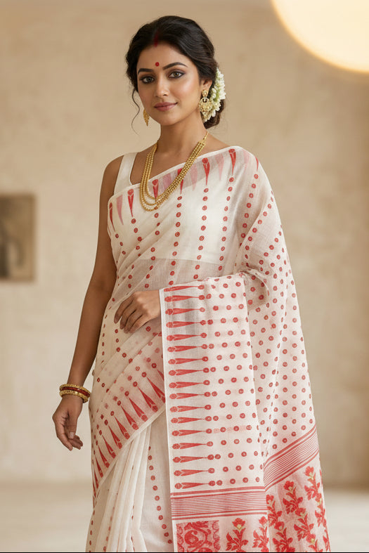 Moner Alo-Bengal Jamdani Saree (White Saree Red Border)