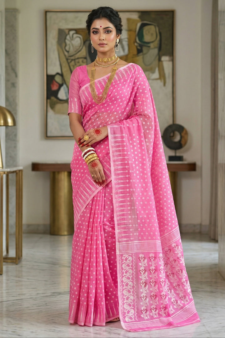 Moner Alo-Bengal Jamdani Saree (Pink Saree White Border)