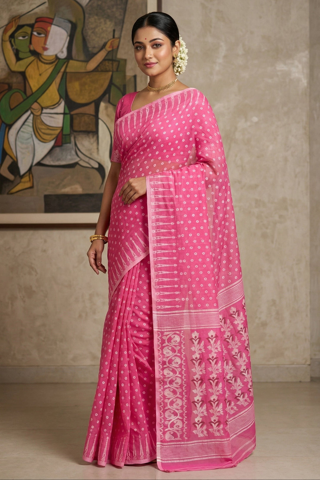 Moner Alo-Bengal Jamdani Saree (Pink Saree White Border)