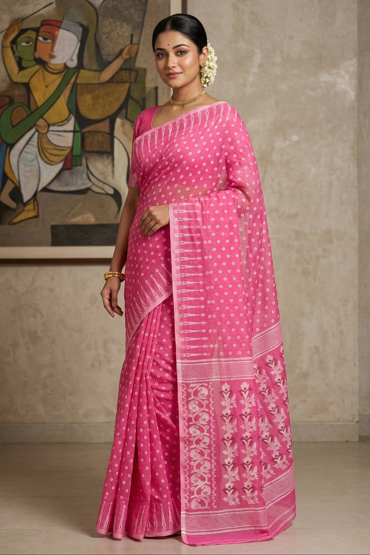 Moner Alo-Bengal Jamdani Saree (Pink Saree White Border)