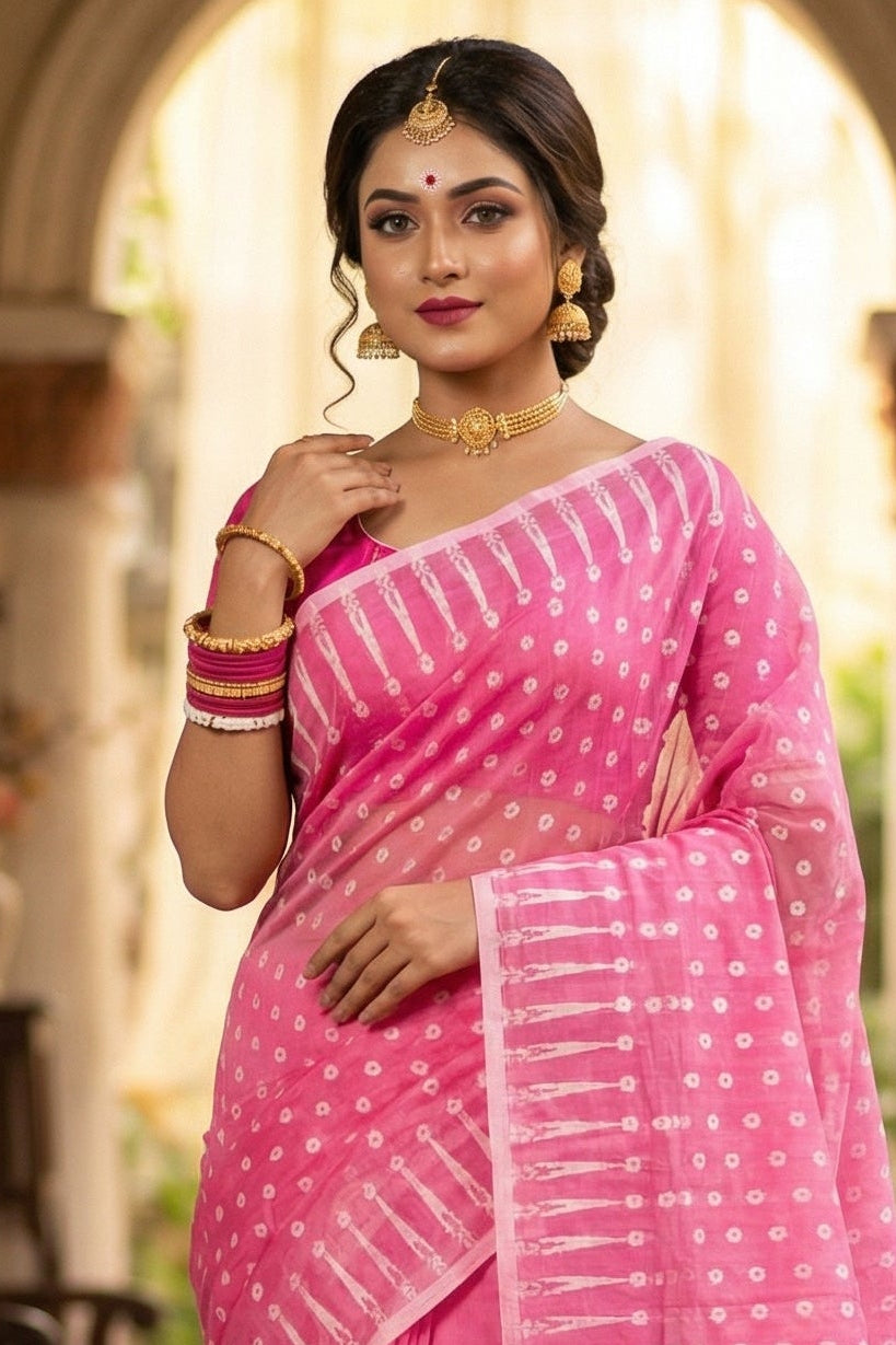 Moner Alo-Bengal Jamdani Saree (Pink Saree White Border)