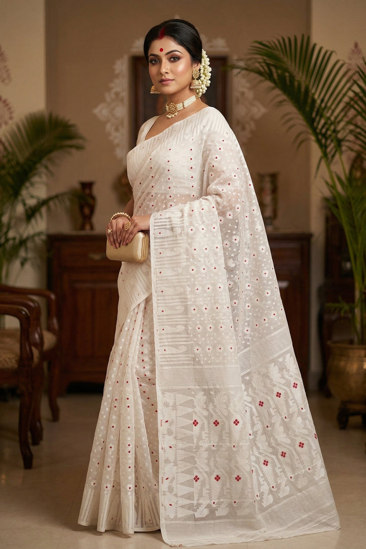 Moner Alo-Bengal Jamdani Saree (White Red Saree)
