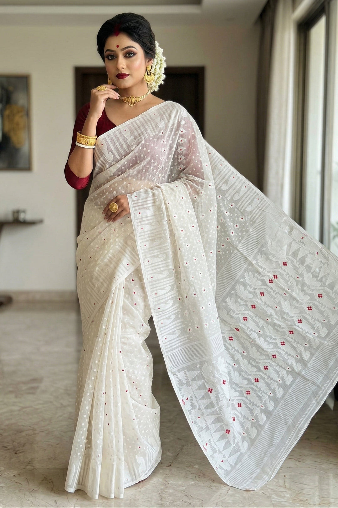 Moner Alo-Bengal Jamdani Saree (White Red Saree)