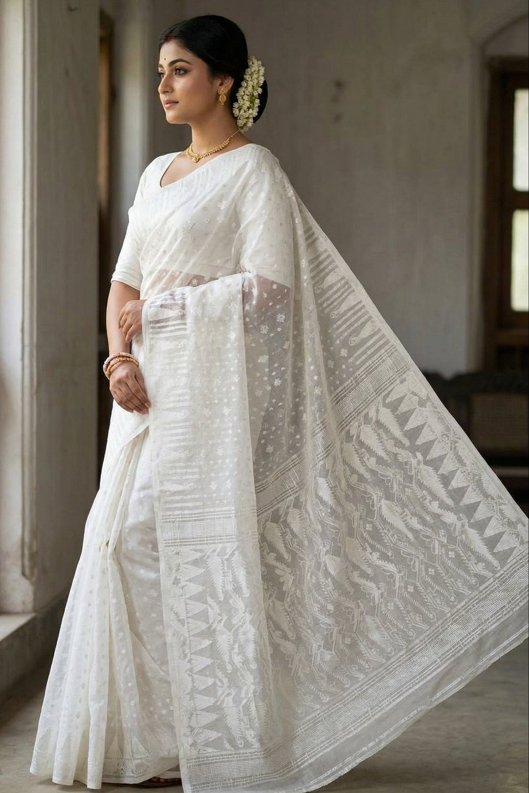 Moner Alo-Bengal Jamdani Saree (White)