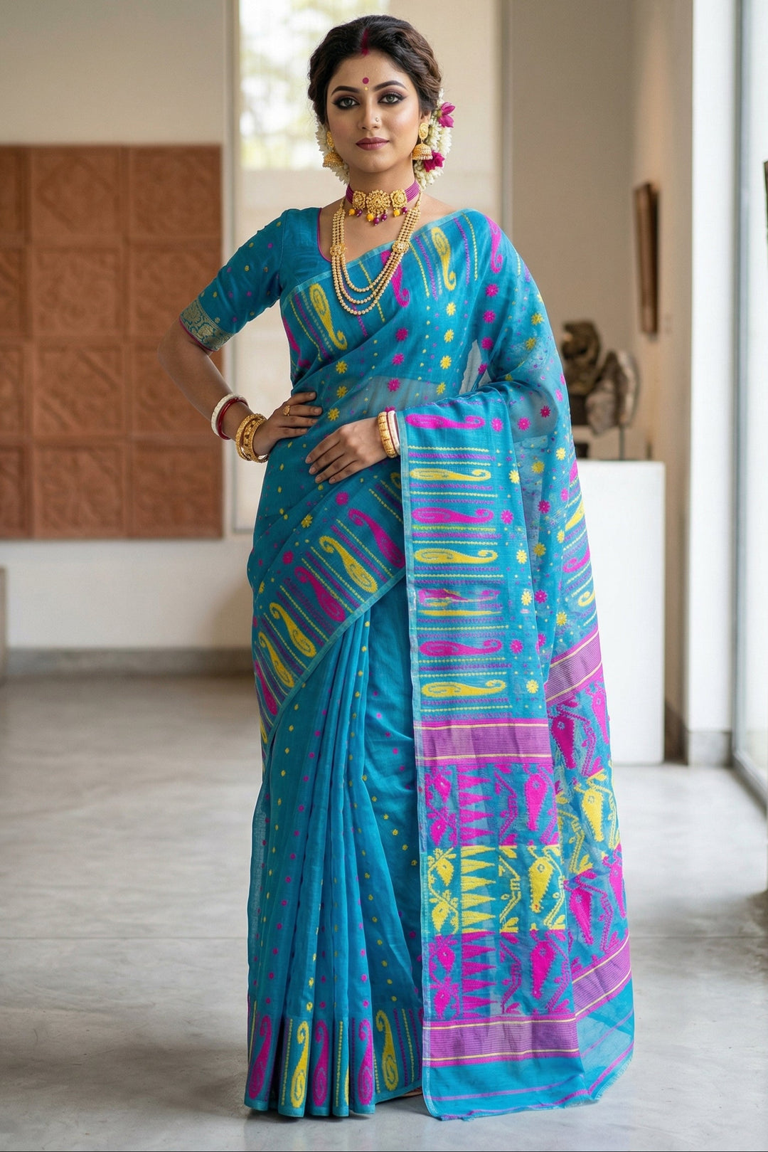 Moner Alo-Bengal Jamdani Saree (Deep Sky Pink Yellow Border)