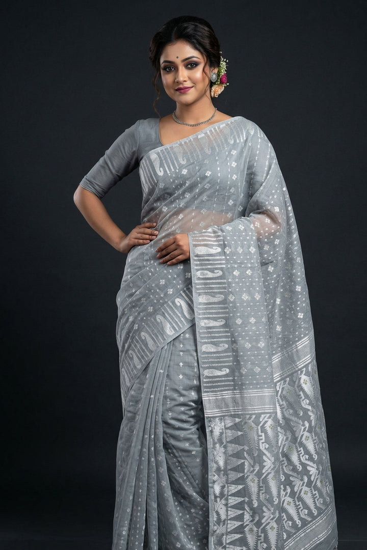 Moner Alo-Bengal Jamdani Saree (Grey)