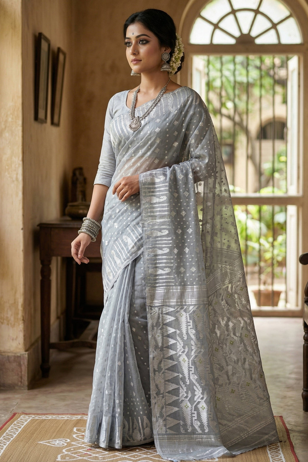Moner Alo-Bengal Jamdani Saree (Grey)