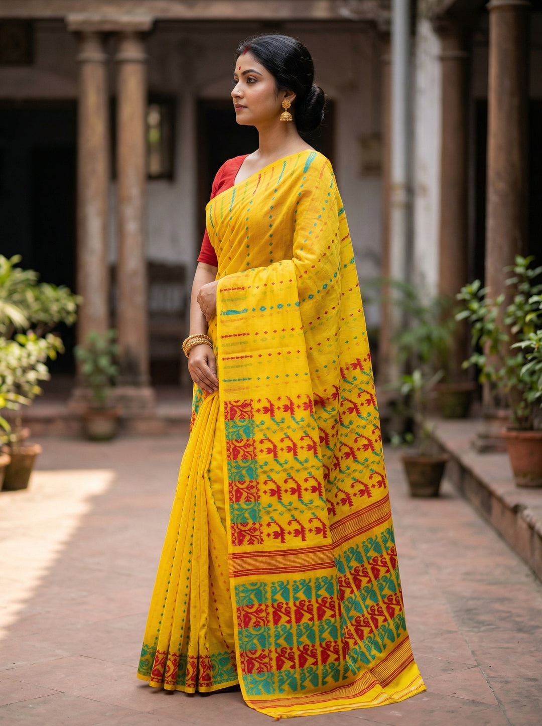 Moner Alo-Bengal Jamdani Saree (Yellow, Red-Green Border)