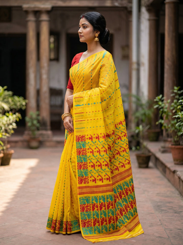 Moner Alo-Bengal Jamdani Saree (Yellow, Red-Green Border)