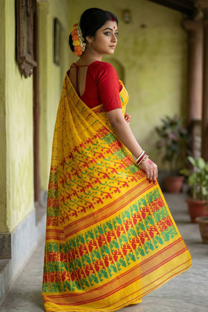 Moner Alo-Bengal Jamdani Saree (Yellow, Red-Green Border)