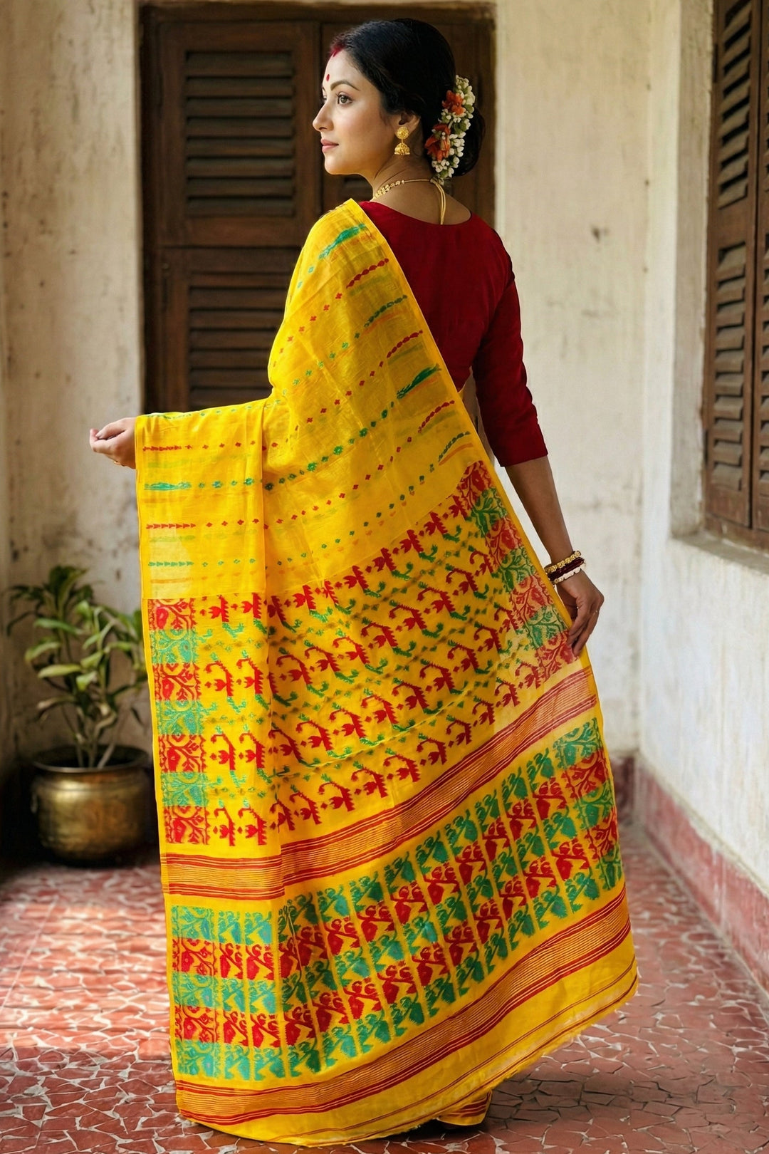 Moner Alo-Bengal Jamdani Saree (Yellow, Red-Green Border)