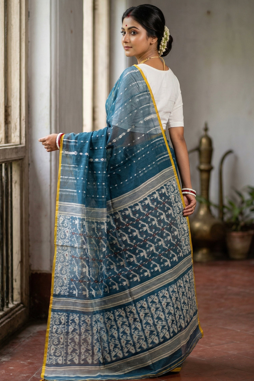 Moner Alo-Bengal Jamdani Saree (Grey And Yellow)