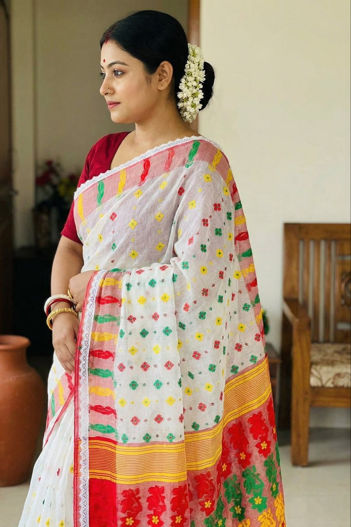 Binodini Bengal Jamdani Saree (White, Red Border)