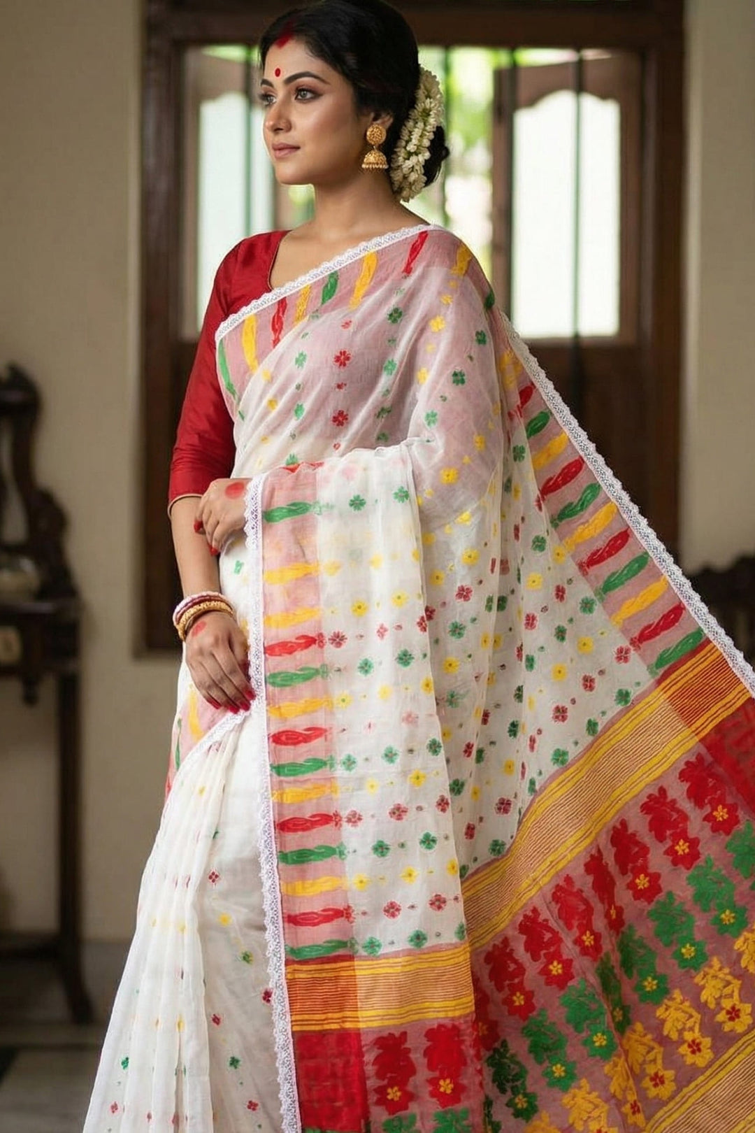 Binodini Bengal Jamdani Saree (White, Red Border)