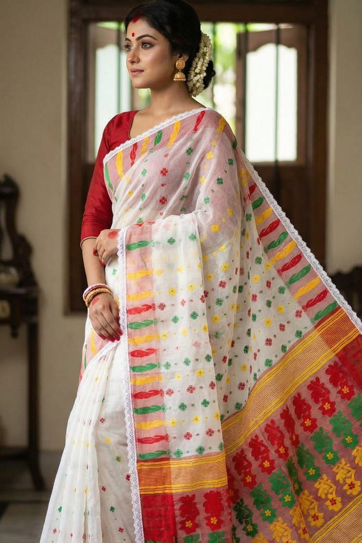 Binodini Bengal Jamdani Saree (White, Red Border)