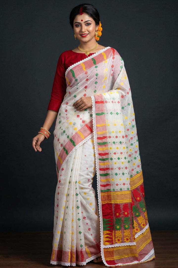 Binodini Bengal Jamdani Saree (White, Red Border)