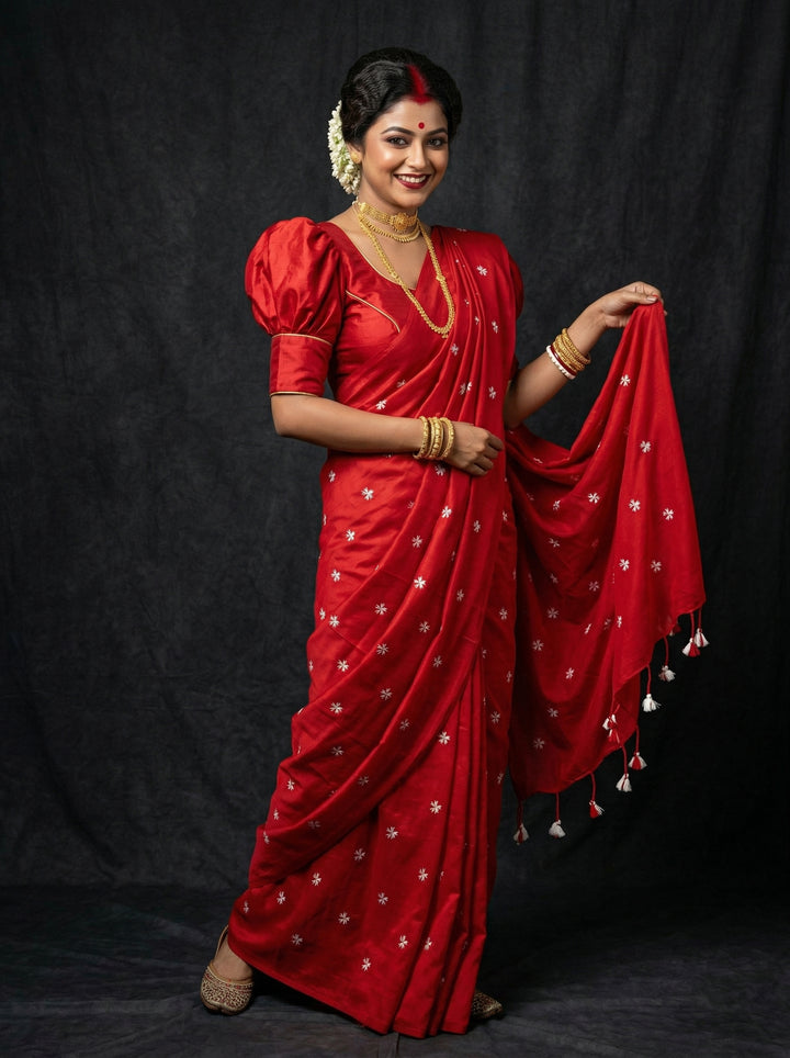 Bengal Shiuli(Jasmine) khadi Saree In Red