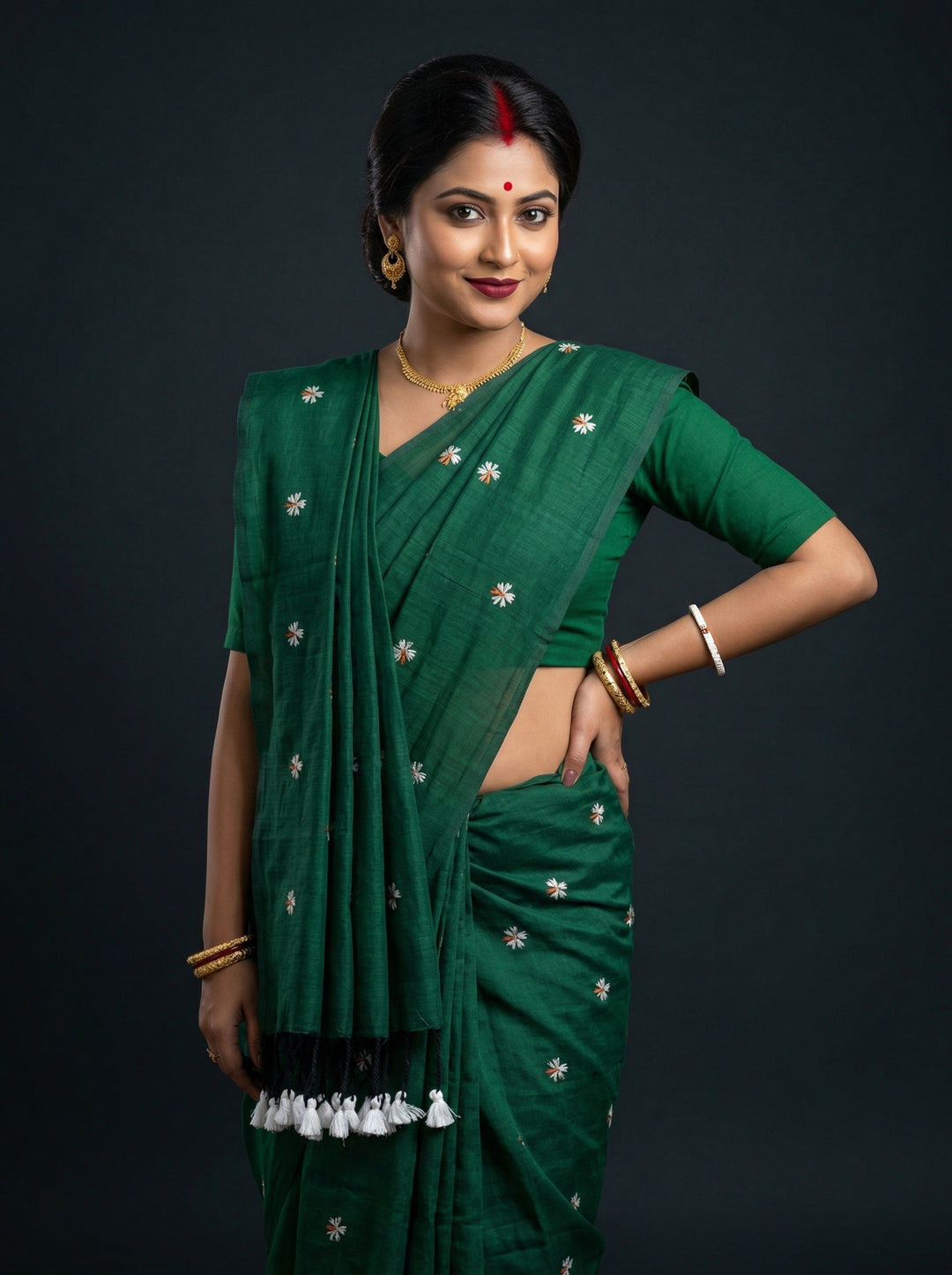 Bengal Shiuli(Jasmine) khadi Saree In Green