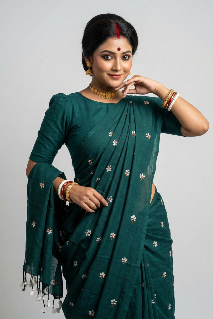 Bengal Shiuli(Jasmine) khadi Saree In Deep Green