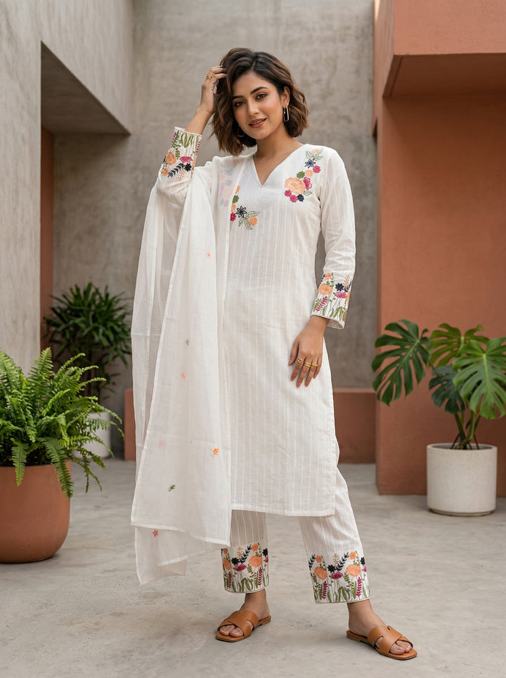 White Glow Cotton Kurti Set