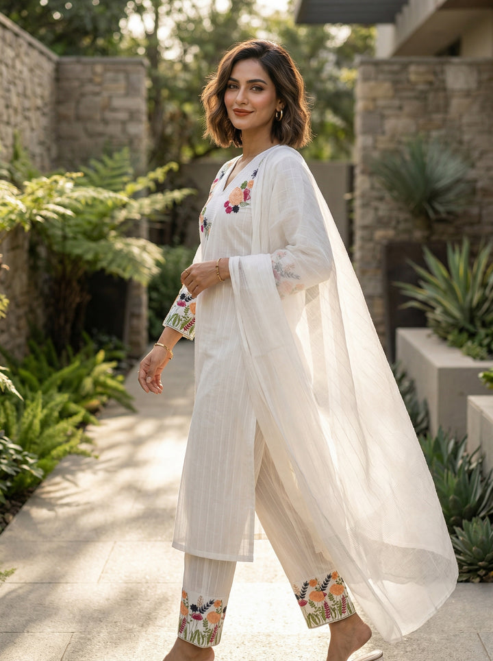 White Glow Cotton Kurti Set