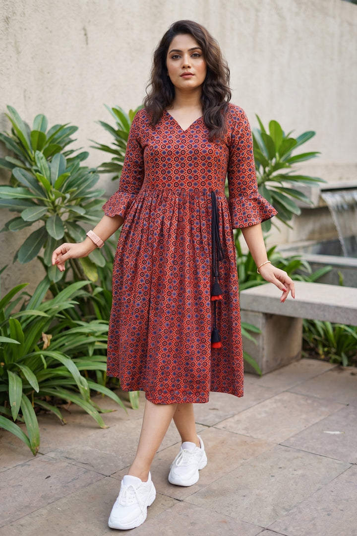 Ajrakh Jadu- Pure Handblock Handloom Long Cotton Dress