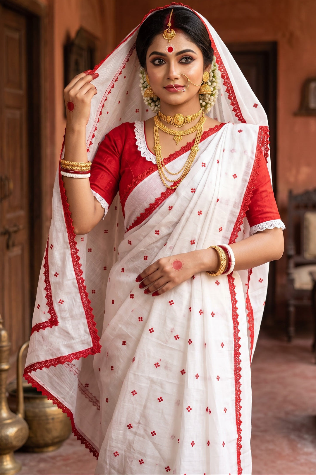 অনন্যা Ananya Bengal Jamdani Saree (White& Red)