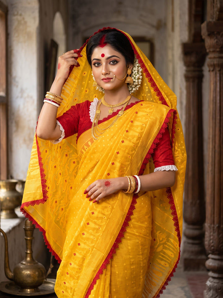 অনন্যা Ananya Bengal Jamdani Saree (Yellow& Red)