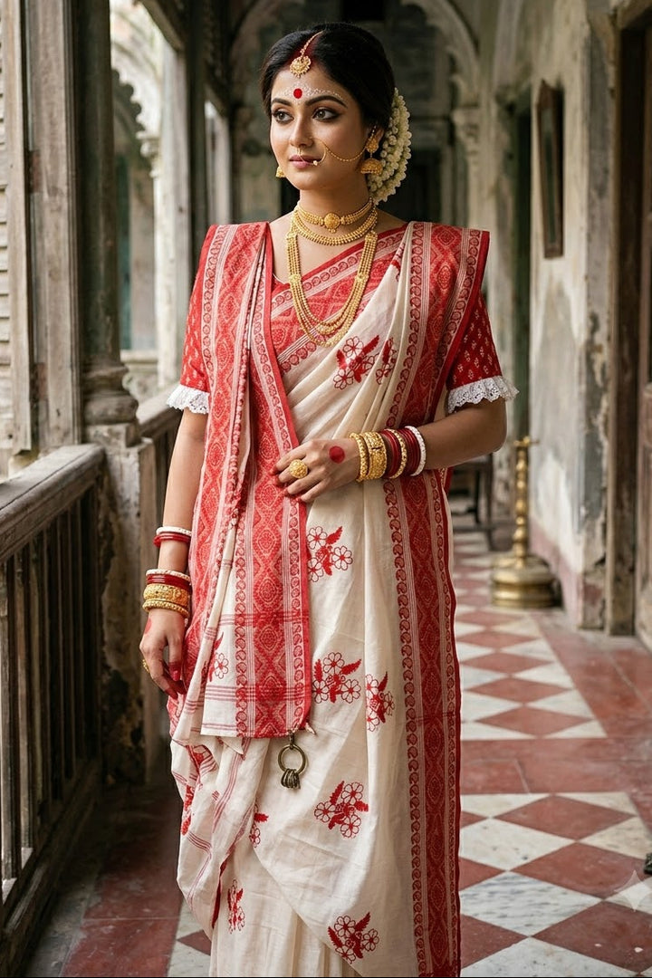 Ashtami Tangail Tant Cotton Saree(Flower Bouquet Embroidery)