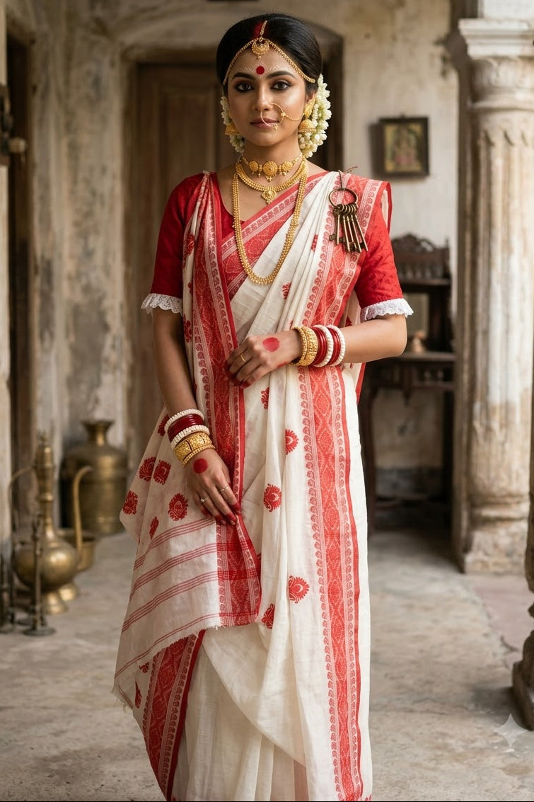 Ashtami Tangail Tant Cotton Saree(Kolka Embroidery)
