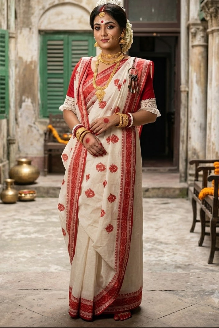 Ashtami Tangail Tant Cotton Saree(Kolka Embroidery)