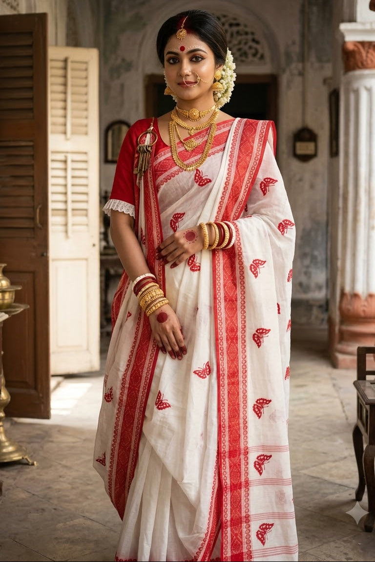 Ashtami Tangail Tant Cotton Saree(Butterfly Embroidery)