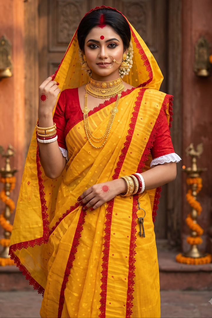 অনন্যা Ananya Bengal Jamdani Saree (Yellow& Red)