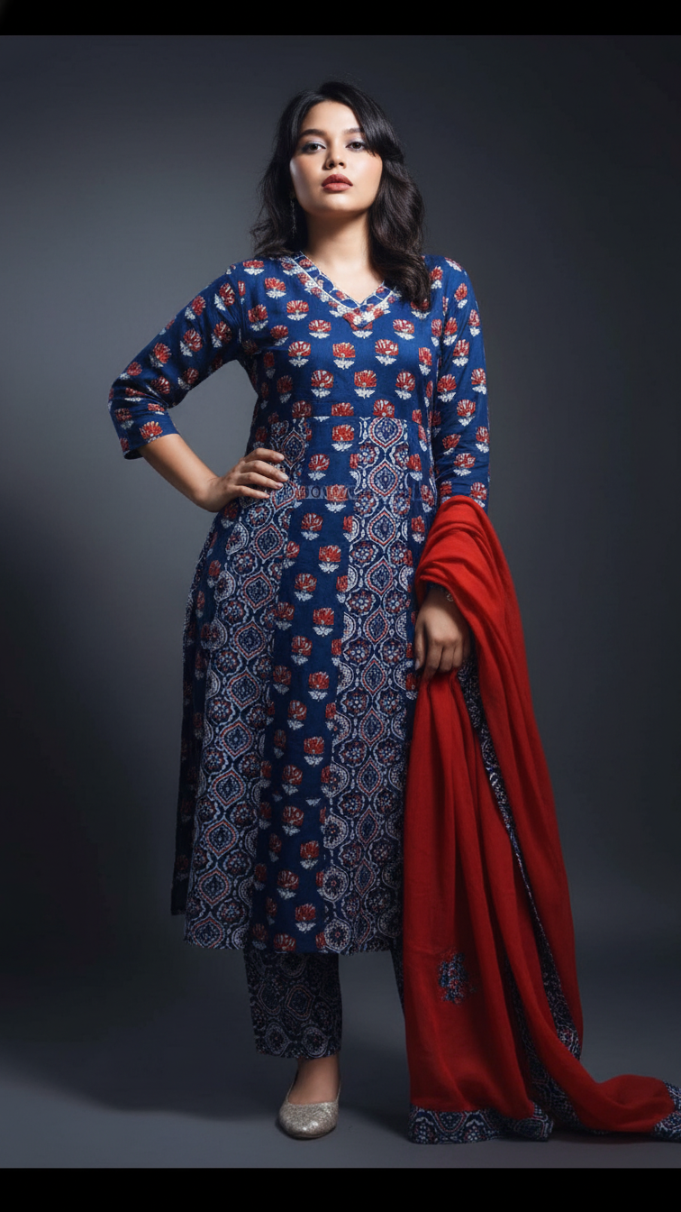 Blue Frame- Ajrakh Cotton Kurti Set