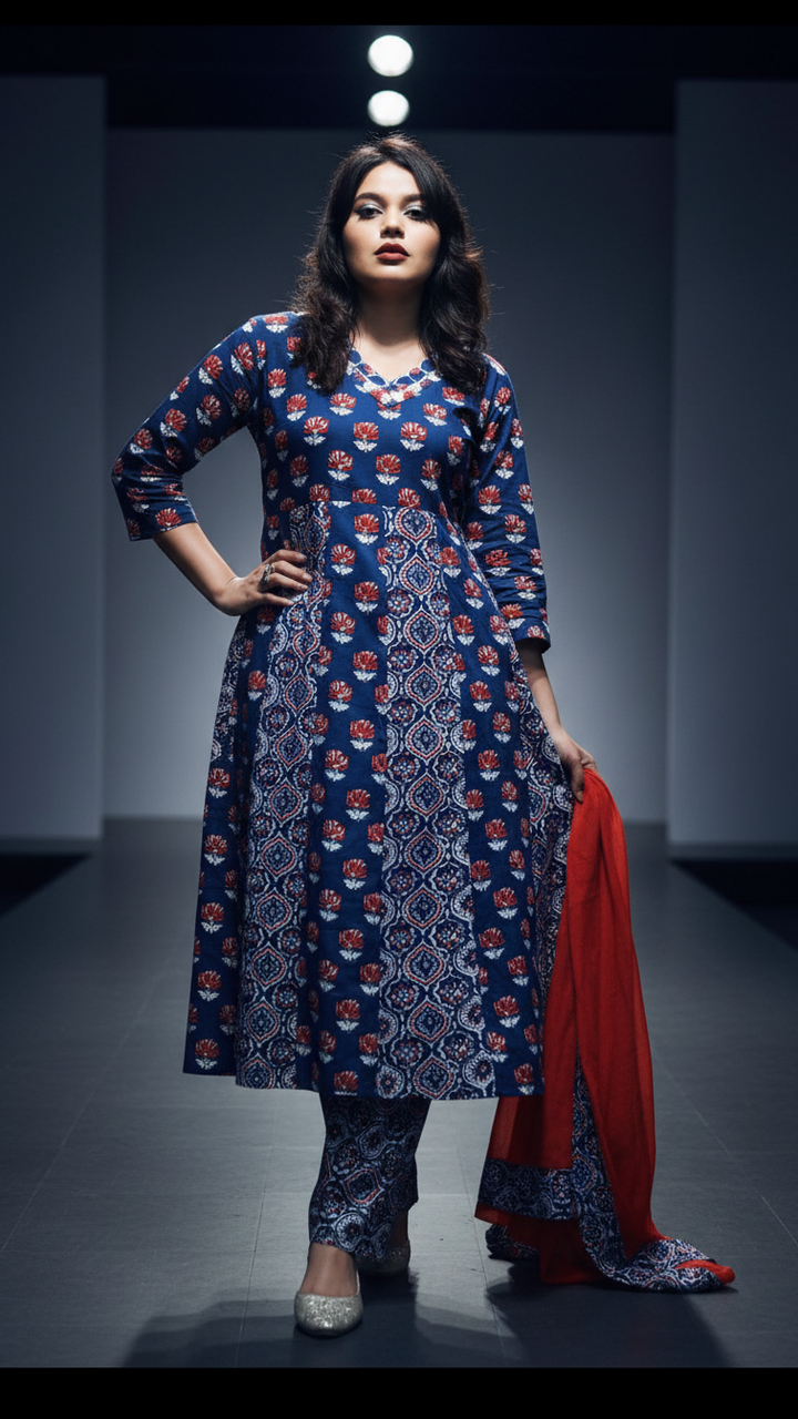 Blue Frame- Ajrakh Cotton Kurti Set