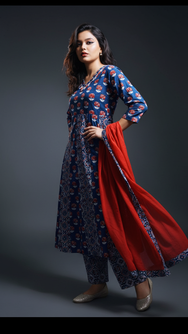 Blue Frame- Ajrakh Cotton Kurti Set