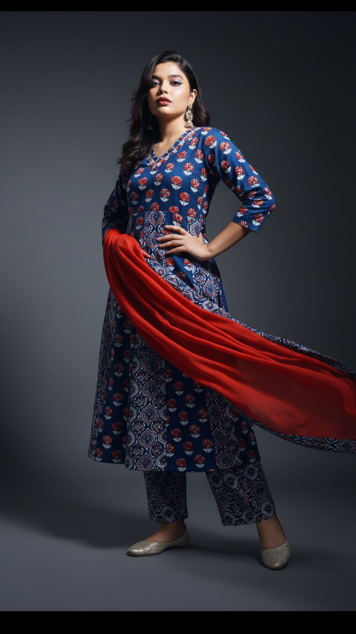 Blue Frame- Ajrakh Cotton Kurti Set