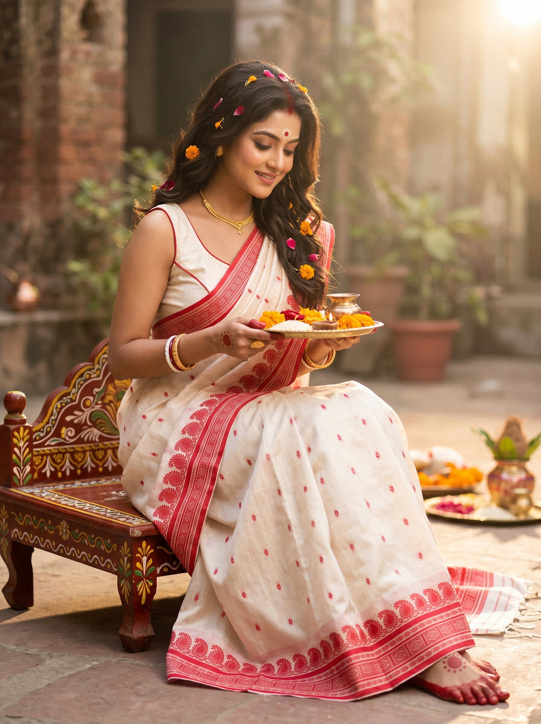 Shubho - The Auspicious White Red Saree