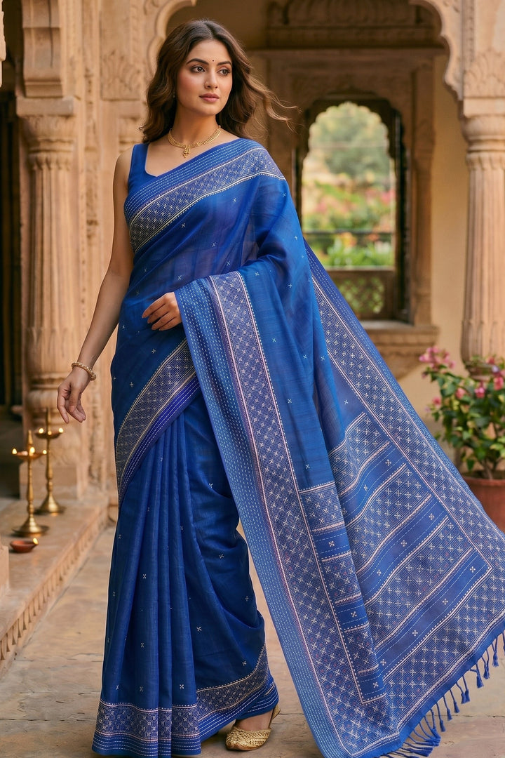 Ruprekha Semi Matka Silk Gujarati Print Kantha Border Saree