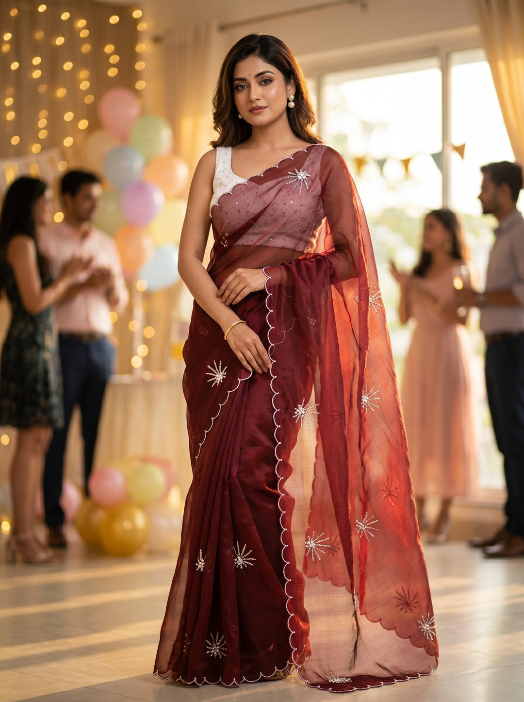 Pearl Bloom Organza Saree (Maroon)