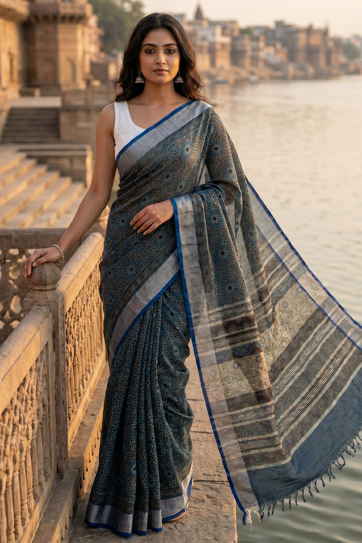 Ajrakhvaani - Linen Saree