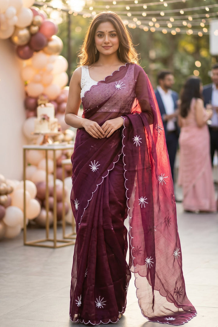 Pearl Bloom Organza Saree (Wine)